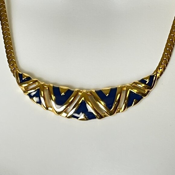 Blue Enamel with Gold Metal Art Deco Link Herringbone Chain Necklace - Picture 2 of 8